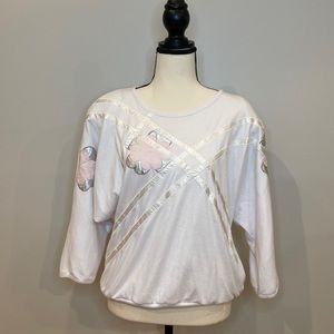 Vintage womens Andriano 80’s blouse top flower appliqué ribbon shoulder pads